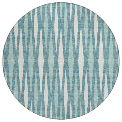 Tabselect Home Line 8' Teal Blue And Ivory Round Geometric Washable Indoor Outdoor Area Rug