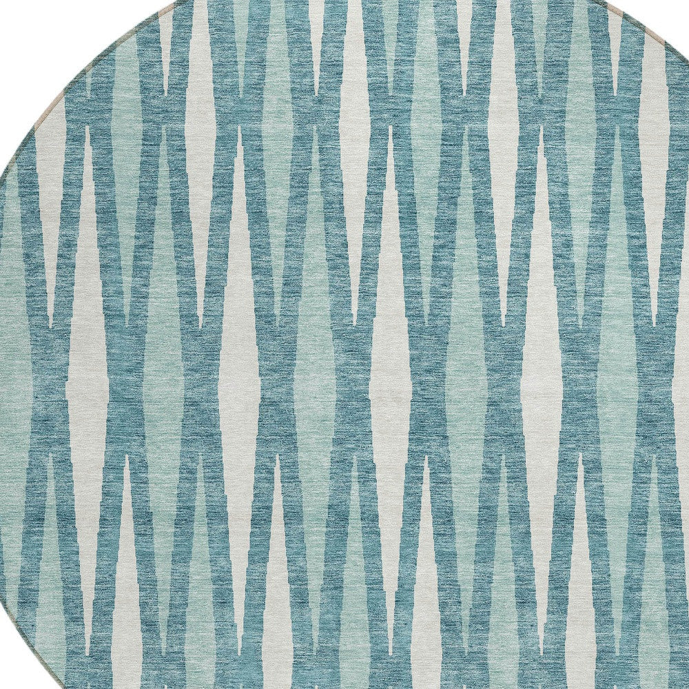 Tabselect Home Line 8' Teal Blue And Ivory Round Geometric Washable Indoor Outdoor Area Rug
