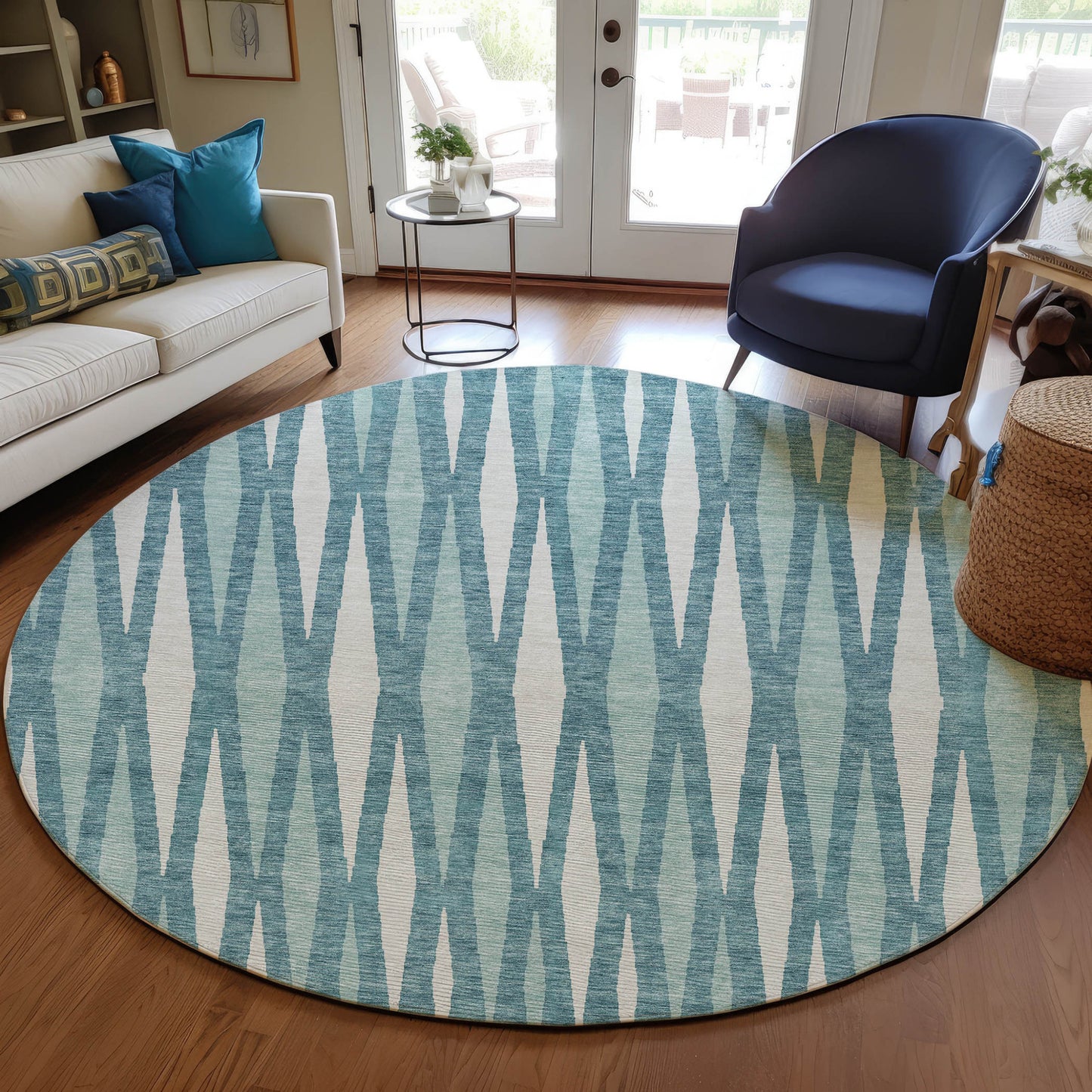 Tabselect Home Line 8' Teal Blue And Ivory Round Geometric Washable Indoor Outdoor Area Rug
