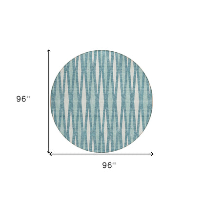 Tabselect Home Line 8' Teal Blue And Ivory Round Geometric Washable Indoor Outdoor Area Rug