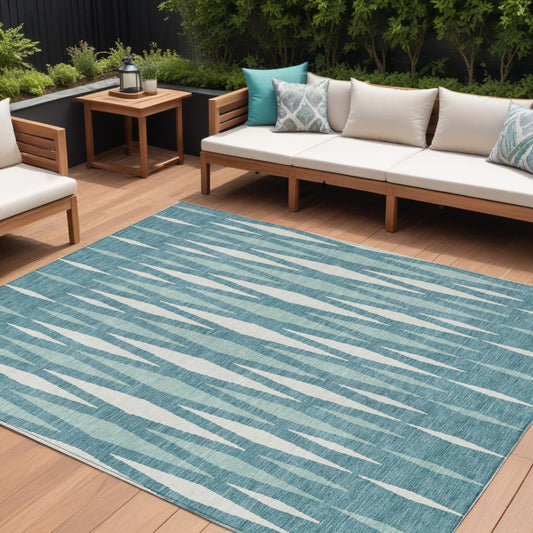 Tabselect Home Line 8' X 10' Teal Blue And Ivory Geometric Washable Indoor Outdoor Area Rug