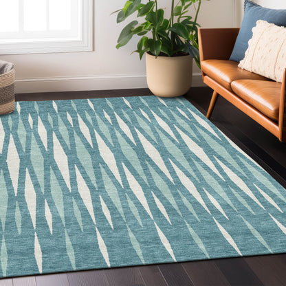Tabselect Home Line 8' X 10' Teal Blue And Ivory Geometric Washable Indoor Outdoor Area Rug