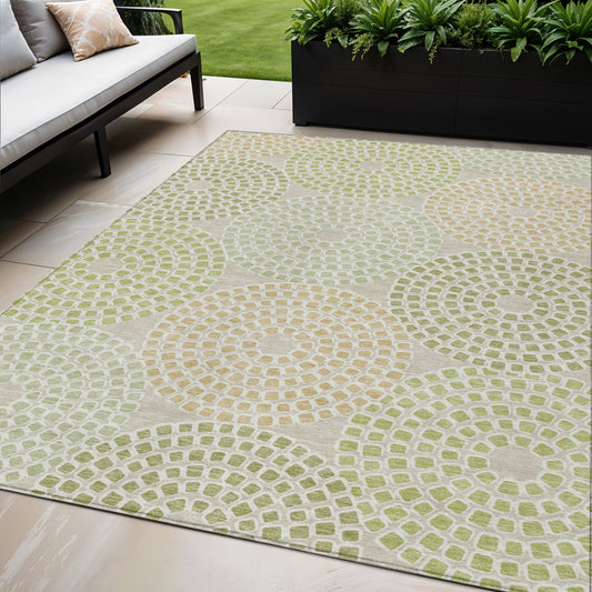 Tabselect Home Line 5' X 8' Artichoke Green And Brown Geometric Washable Indoor Outdoor Area Rug