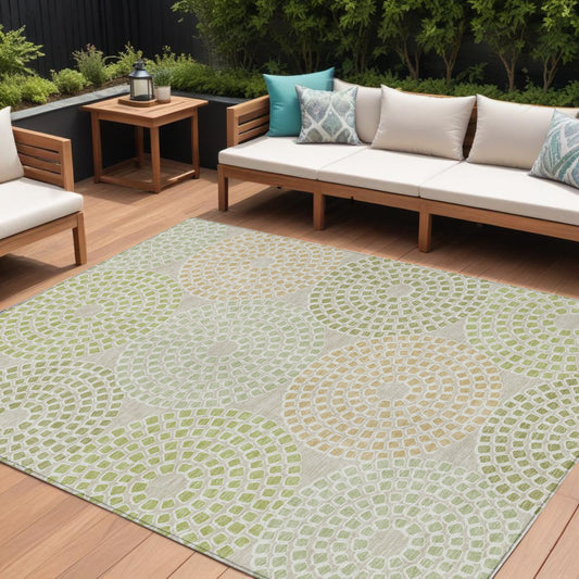Tabselect Home Line 8' X 10' Artichoke Green And Brown Geometric Washable Indoor Outdoor Area Rug