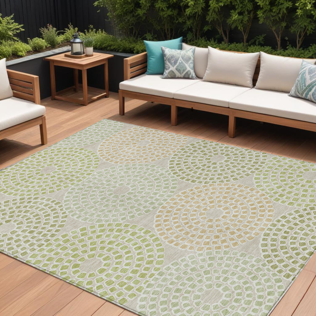 Tabselect Home Line 9' X 12' Artichoke Green And Brown Geometric Washable Indoor Outdoor Area Rug
