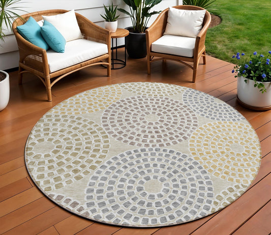 Tabselect Home Line 8' Beige Brown And Gray Round Geometric Washable Indoor Outdoor Area Rug