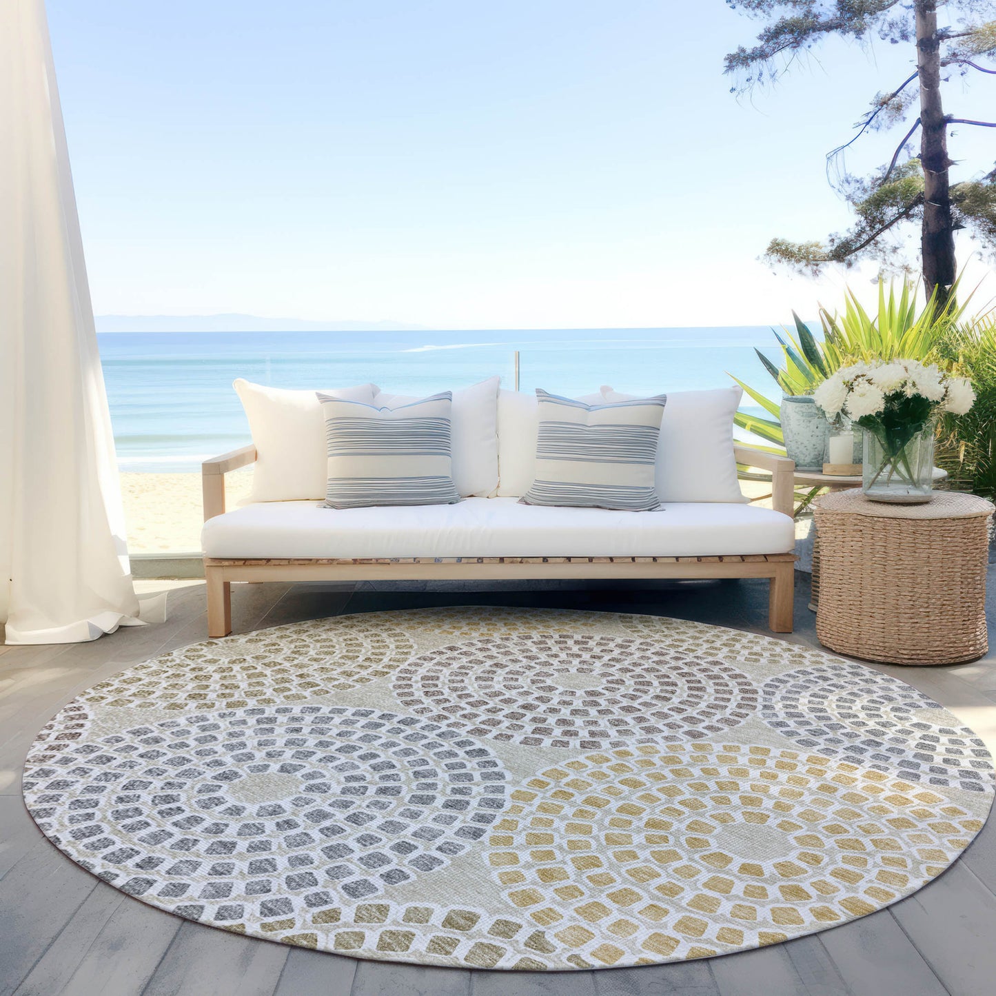 Tabselect Home Line 8' Beige Brown And Gray Round Geometric Washable Indoor Outdoor Area Rug