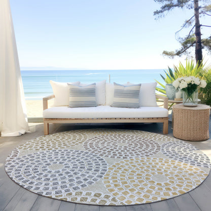 Tabselect Home Line 8' Beige Brown And Gray Round Geometric Washable Indoor Outdoor Area Rug