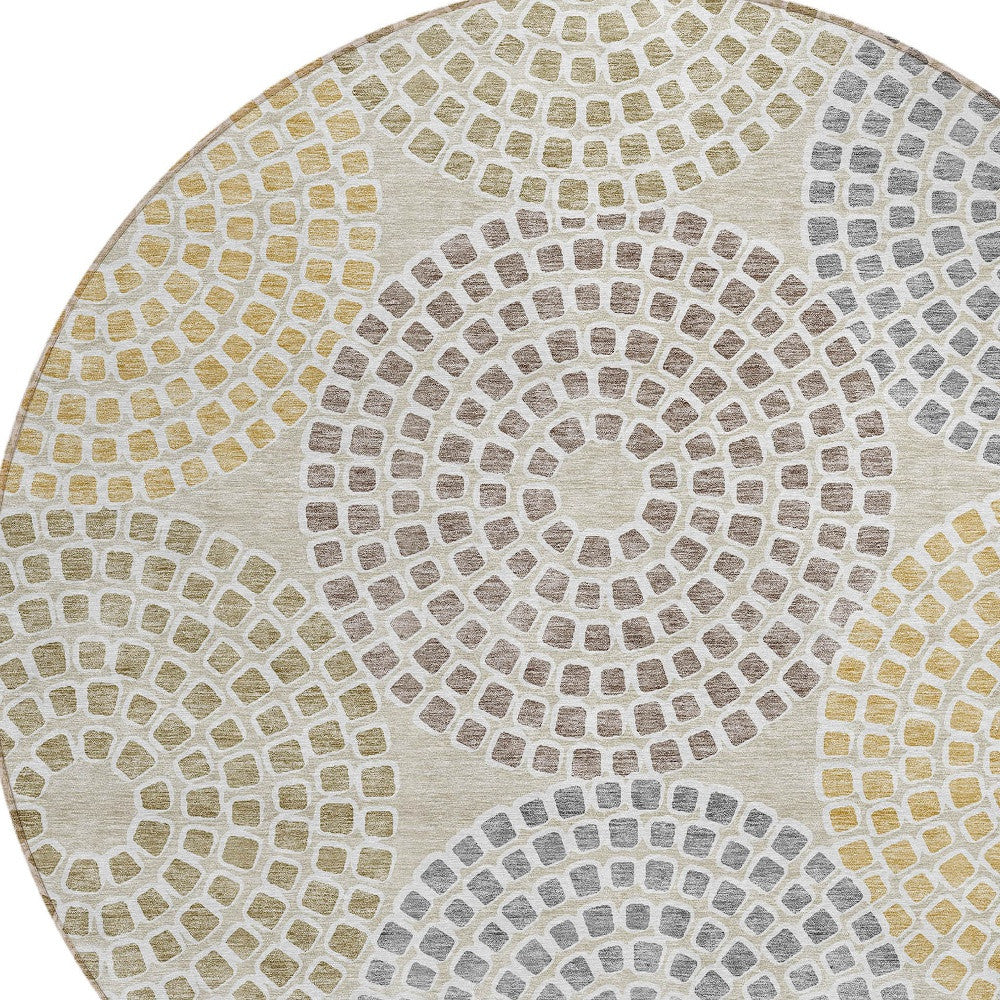Tabselect Home Line 8' Beige Brown And Gray Round Geometric Washable Indoor Outdoor Area Rug