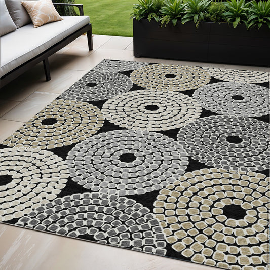 Tabselect Home Line 5' X 8' Black Gray And Beige Geometric Washable Indoor Outdoor Area Rug