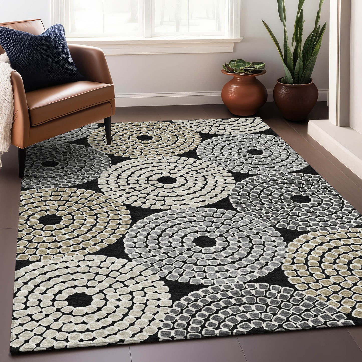 Tabselect Home Line 5' X 8' Black Gray And Beige Geometric Washable Indoor Outdoor Area Rug