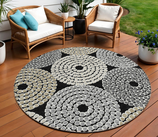 Tabselect Home Line 8' Black Gray And Beige Round Geometric Washable Indoor Outdoor Area Rug