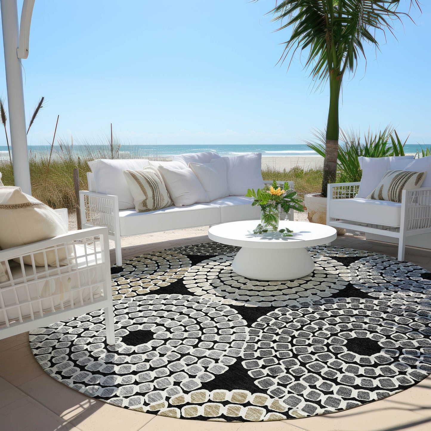 Tabselect Home Line 8' Black Gray And Beige Round Geometric Washable Indoor Outdoor Area Rug