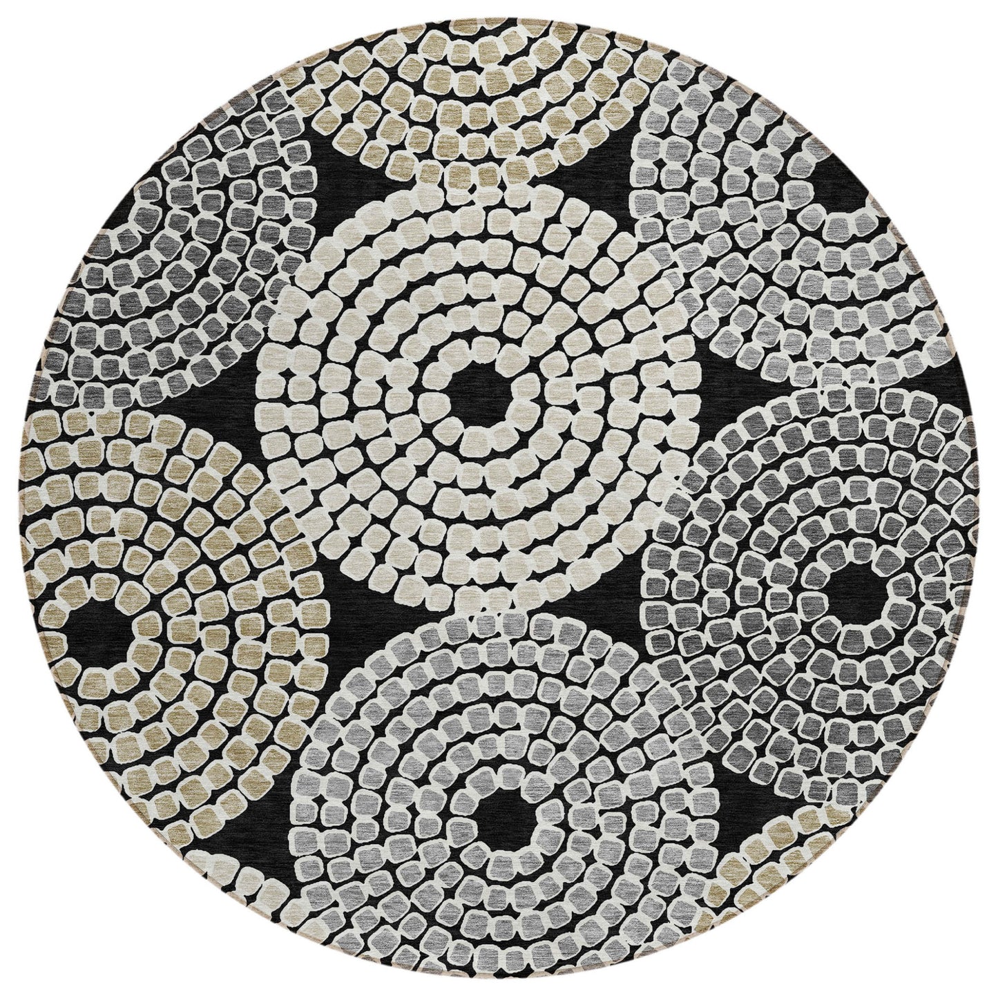 Tabselect Home Line 8' Black Gray And Beige Round Geometric Washable Indoor Outdoor Area Rug