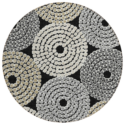 Tabselect Home Line 8' Black Gray And Beige Round Geometric Washable Indoor Outdoor Area Rug
