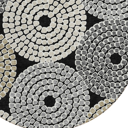 Tabselect Home Line 8' Black Gray And Beige Round Geometric Washable Indoor Outdoor Area Rug