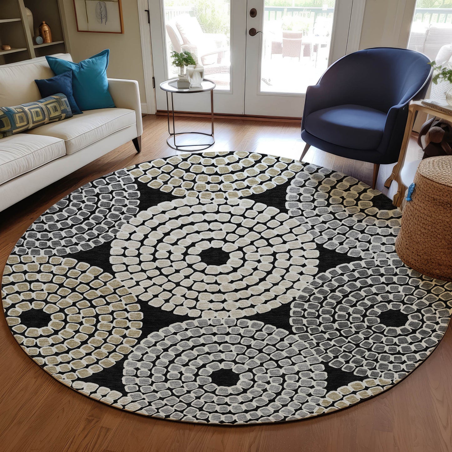 Tabselect Home Line 8' Black Gray And Beige Round Geometric Washable Indoor Outdoor Area Rug