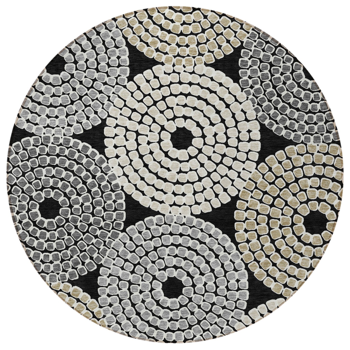 Tabselect Home Line 8' Black Gray And Beige Round Geometric Washable Indoor Outdoor Area Rug