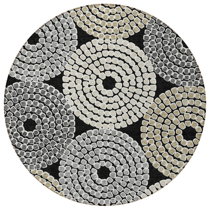 Tabselect Home Line 8' Black Gray And Beige Round Geometric Washable Indoor Outdoor Area Rug
