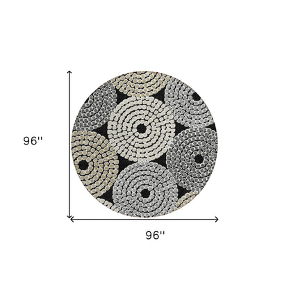 Tabselect Home Line 8' Black Gray And Beige Round Geometric Washable Indoor Outdoor Area Rug