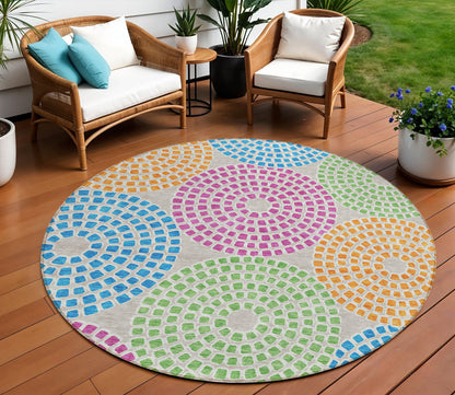 Tabselect Home Line 8' Purple Green And Aqua Round Geometric Washable Indoor Outdoor Area Rug