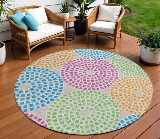 Tabselect Home Line 8' Purple Green And Aqua Round Geometric Washable Indoor Outdoor Area Rug
