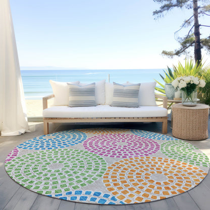Tabselect Home Line 8' Purple Green And Aqua Round Geometric Washable Indoor Outdoor Area Rug
