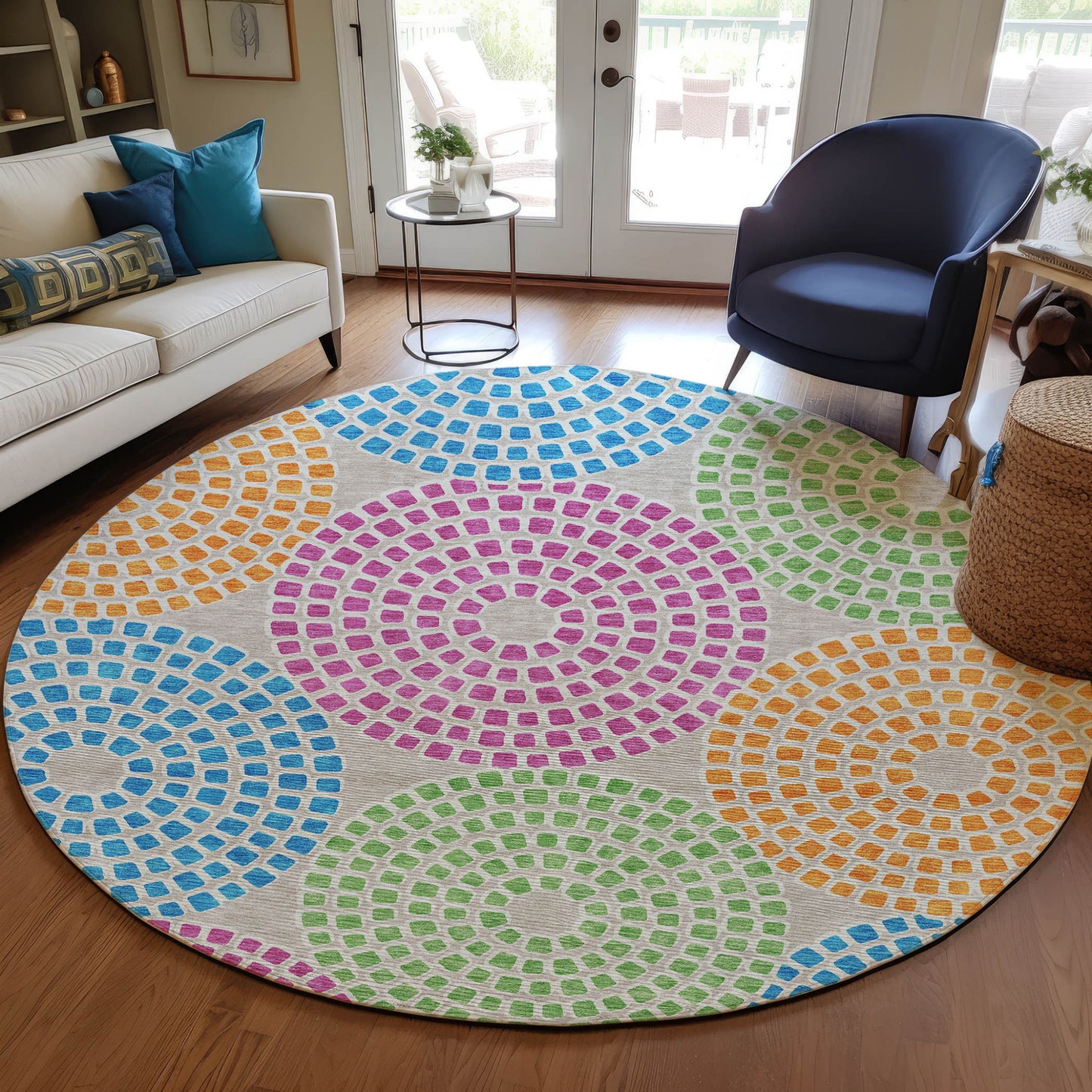 Tabselect Home Line 8' Purple Green And Aqua Round Geometric Washable Indoor Outdoor Area Rug