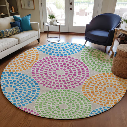 Tabselect Home Line 8' Purple Green And Aqua Round Geometric Washable Indoor Outdoor Area Rug