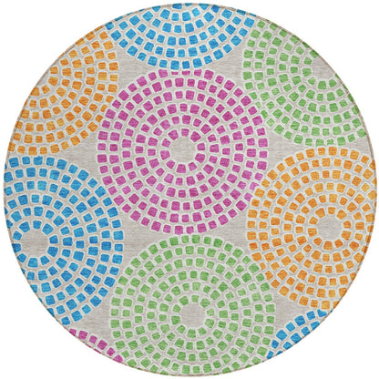 Tabselect Home Line 8' Purple Green And Aqua Round Geometric Washable Indoor Outdoor Area Rug