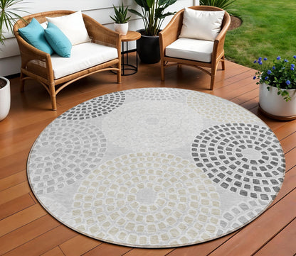 Tabselect Home Line 8' Gray And Taupe Round Geometric Washable Indoor Outdoor Area Rug