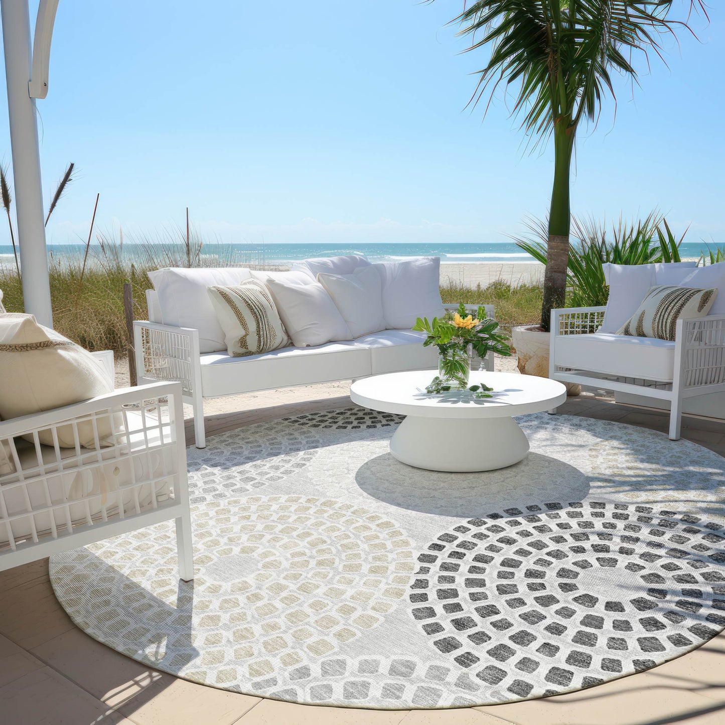Tabselect Home Line 8' Gray And Taupe Round Geometric Washable Indoor Outdoor Area Rug