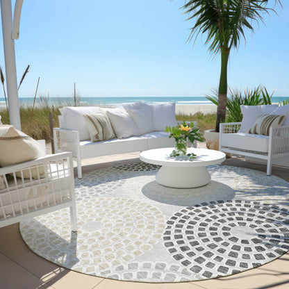 Tabselect Home Line 8' Gray And Taupe Round Geometric Washable Indoor Outdoor Area Rug