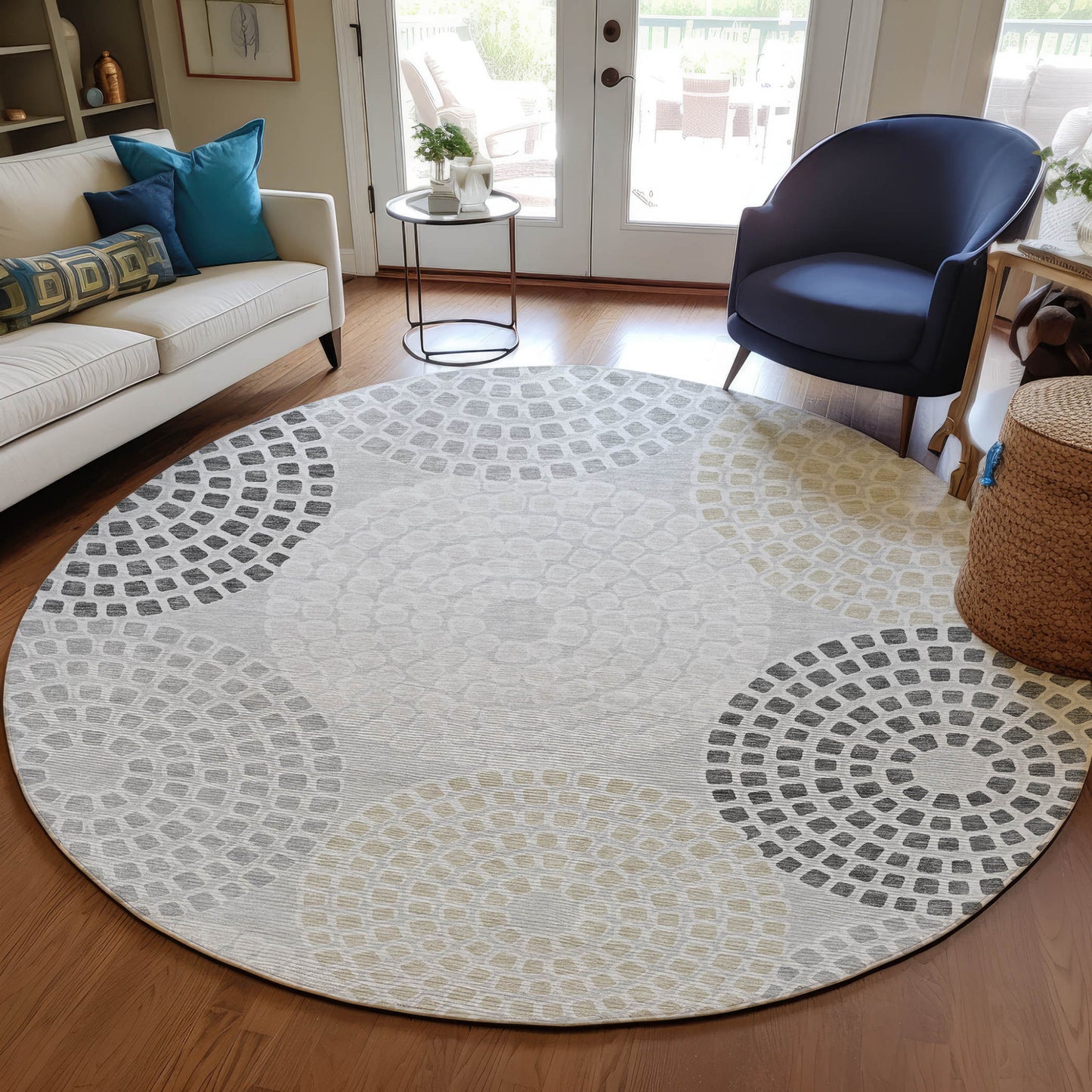 Tabselect Home Line 8' Gray And Taupe Round Geometric Washable Indoor Outdoor Area Rug
