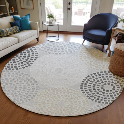 Tabselect Home Line 8' Gray And Taupe Round Geometric Washable Indoor Outdoor Area Rug