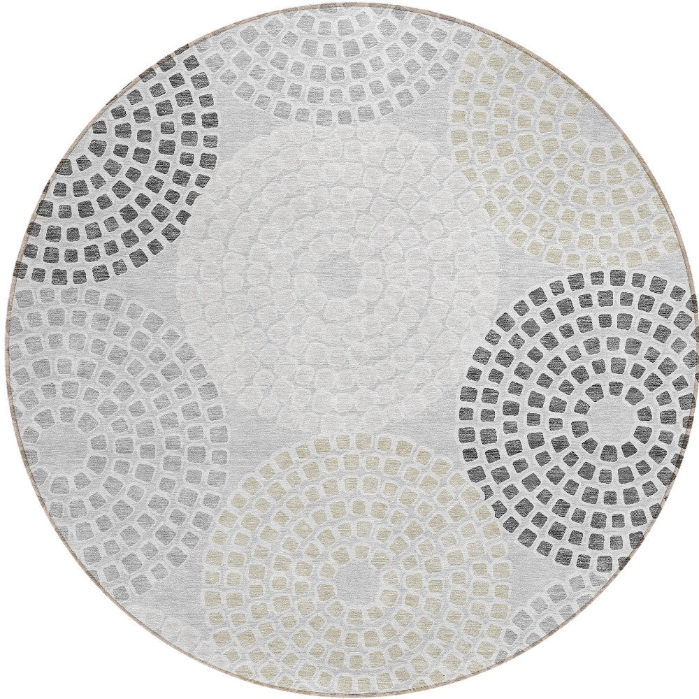 Tabselect Home Line 8' Gray And Taupe Round Geometric Washable Indoor Outdoor Area Rug