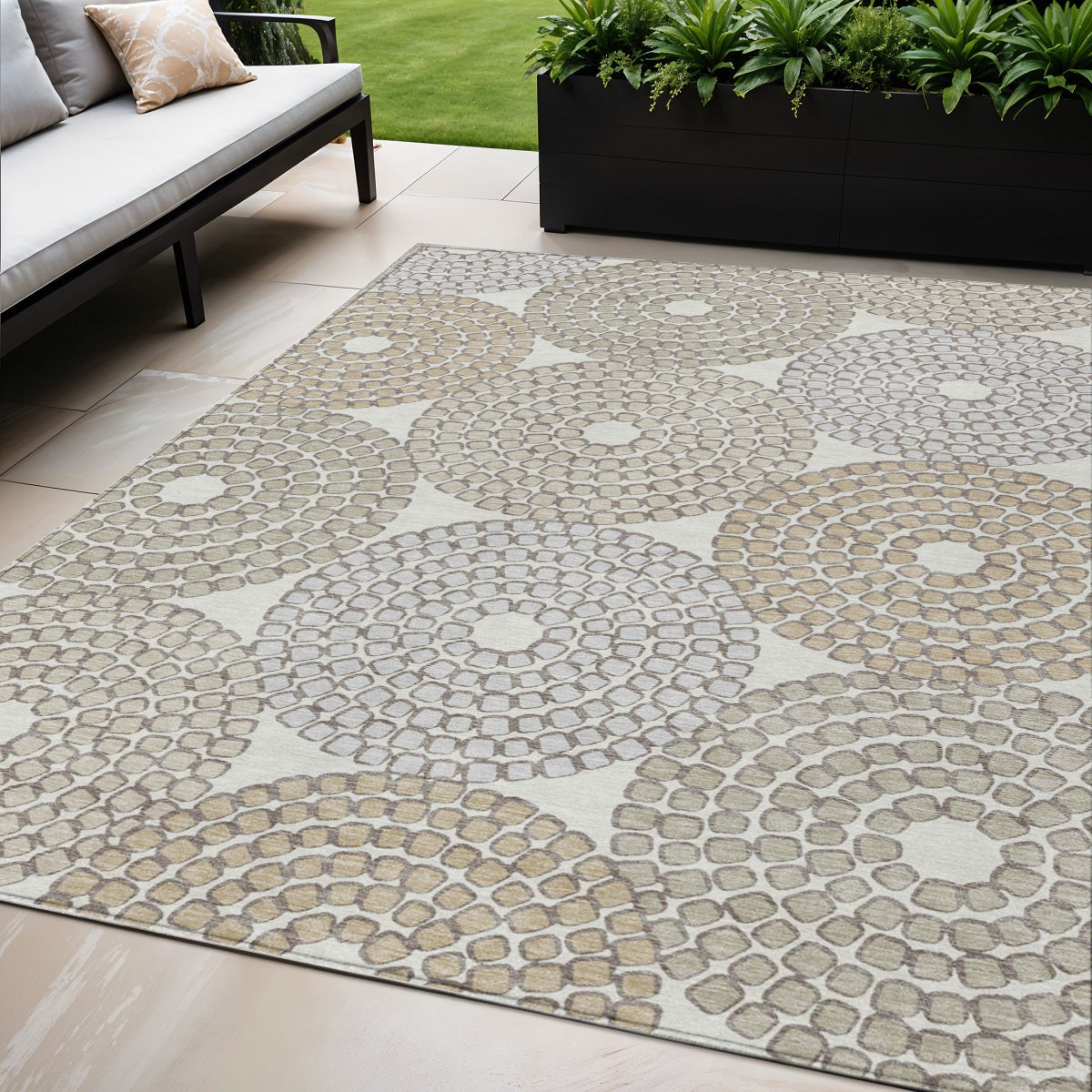 Tabselect Home Line 5' X 8' Ivory Brown And Gray Geometric Washable Indoor Outdoor Area Rug