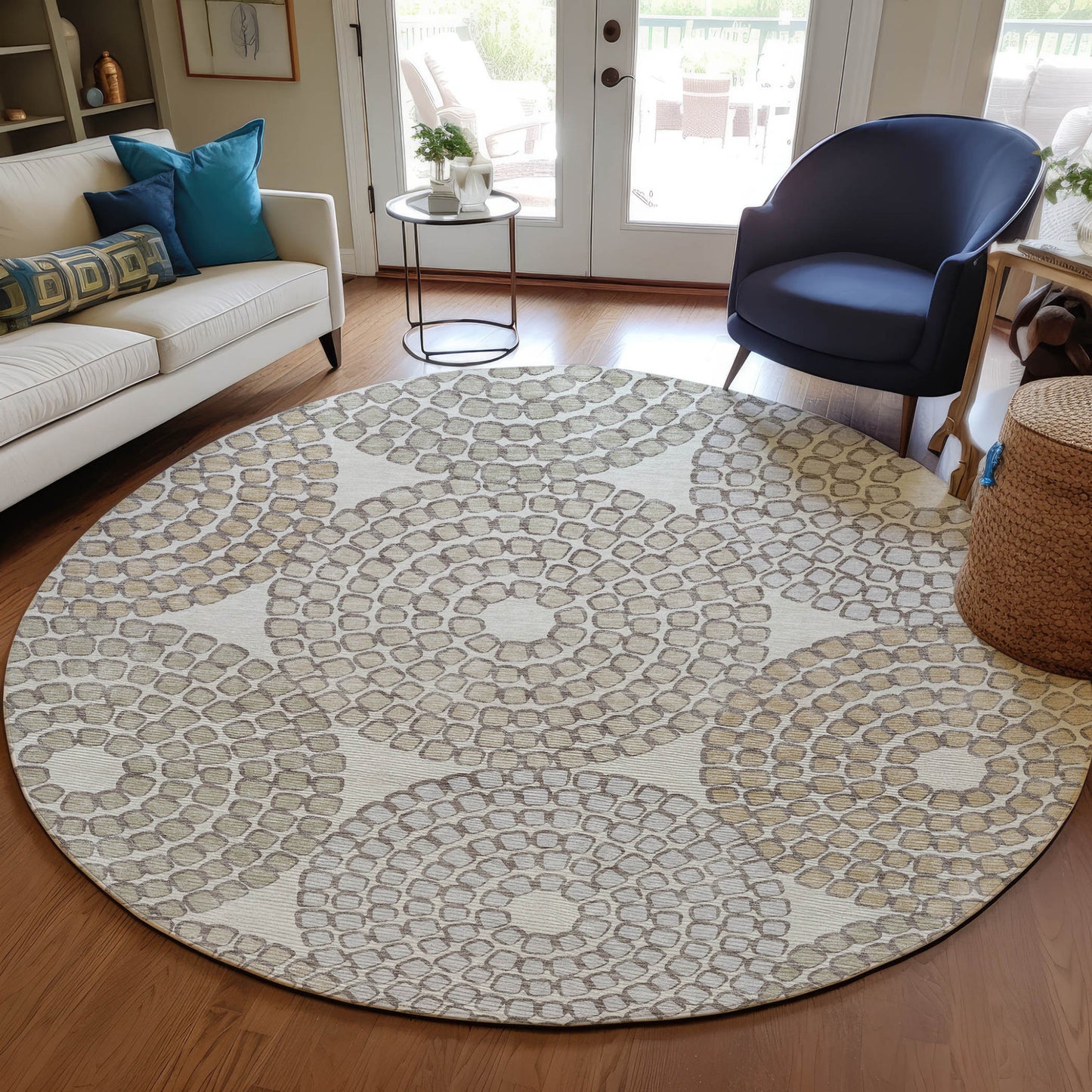 Tabselect Home Line 8' Ivory Brown And Gray Round Geometric Washable Indoor Outdoor Area Rug