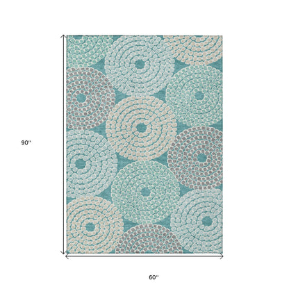 Tabselect Home Line 5' X 8' Teal Blue Beige And Gray Geometric Washable Indoor Outdoor Area Rug