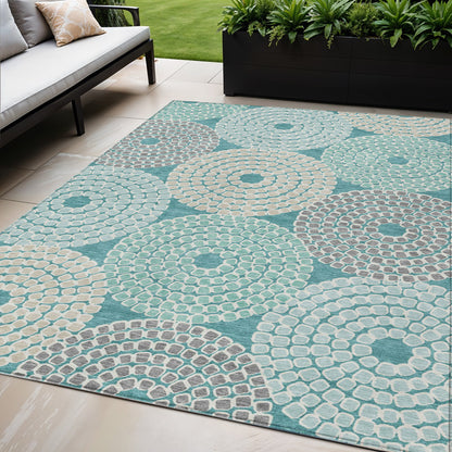 Tabselect Home Line 5' X 8' Teal Blue Beige And Gray Geometric Washable Indoor Outdoor Area Rug