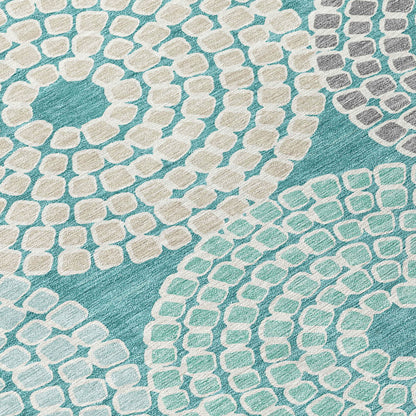 Tabselect Home Line 5' X 8' Teal Blue Beige And Gray Geometric Washable Indoor Outdoor Area Rug