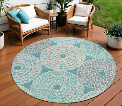 Tabselect Home Line 8' Teal Blue Beige And Gray Round Geometric Washable Indoor Outdoor Area Rug