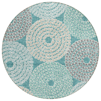 Tabselect Home Line 8' Teal Blue Beige And Gray Round Geometric Washable Indoor Outdoor Area Rug