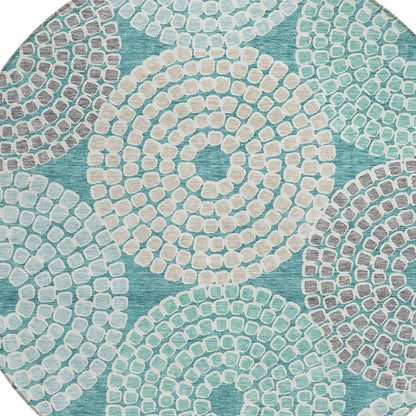 Tabselect Home Line 8' Teal Blue Beige And Gray Round Geometric Washable Indoor Outdoor Area Rug