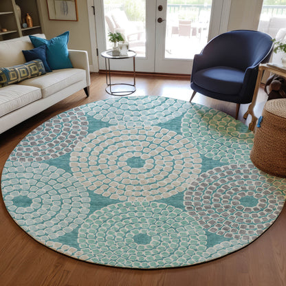 Tabselect Home Line 8' Teal Blue Beige And Gray Round Geometric Washable Indoor Outdoor Area Rug