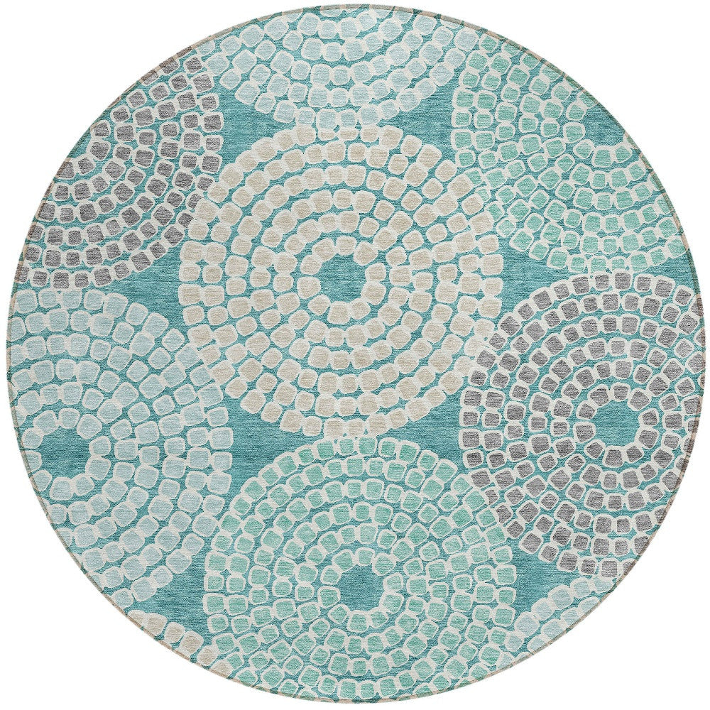 Tabselect Home Line 8' Teal Blue Beige And Gray Round Geometric Washable Indoor Outdoor Area Rug