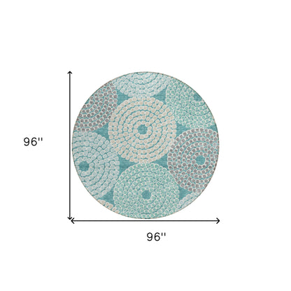 Tabselect Home Line 8' Teal Blue Beige And Gray Round Geometric Washable Indoor Outdoor Area Rug
