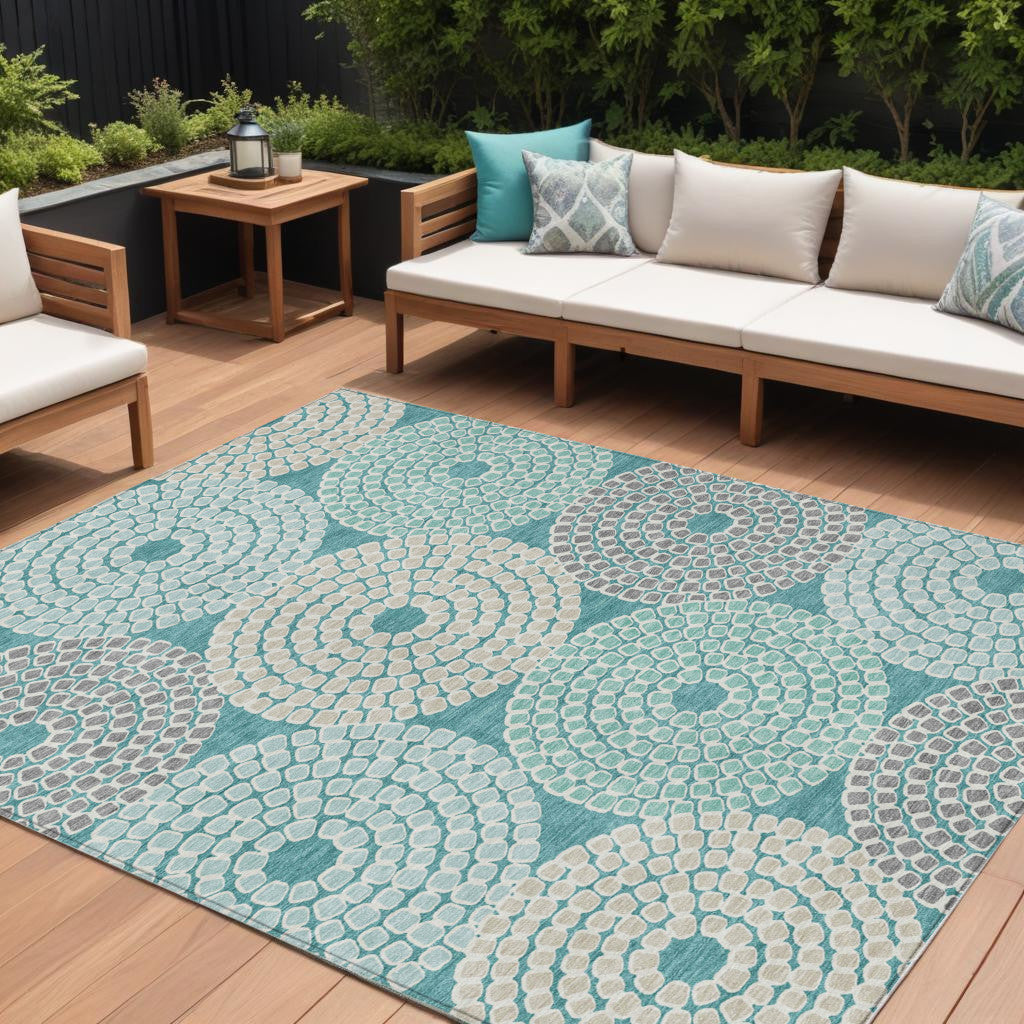 Tabselect Home Line 8' X 10' Teal Blue Beige And Gray Geometric Washable Indoor Outdoor Area Rug