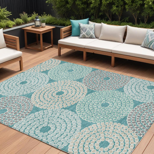 Tabselect Home Line 8' X 10' Teal Blue Beige And Gray Geometric Washable Indoor Outdoor Area Rug