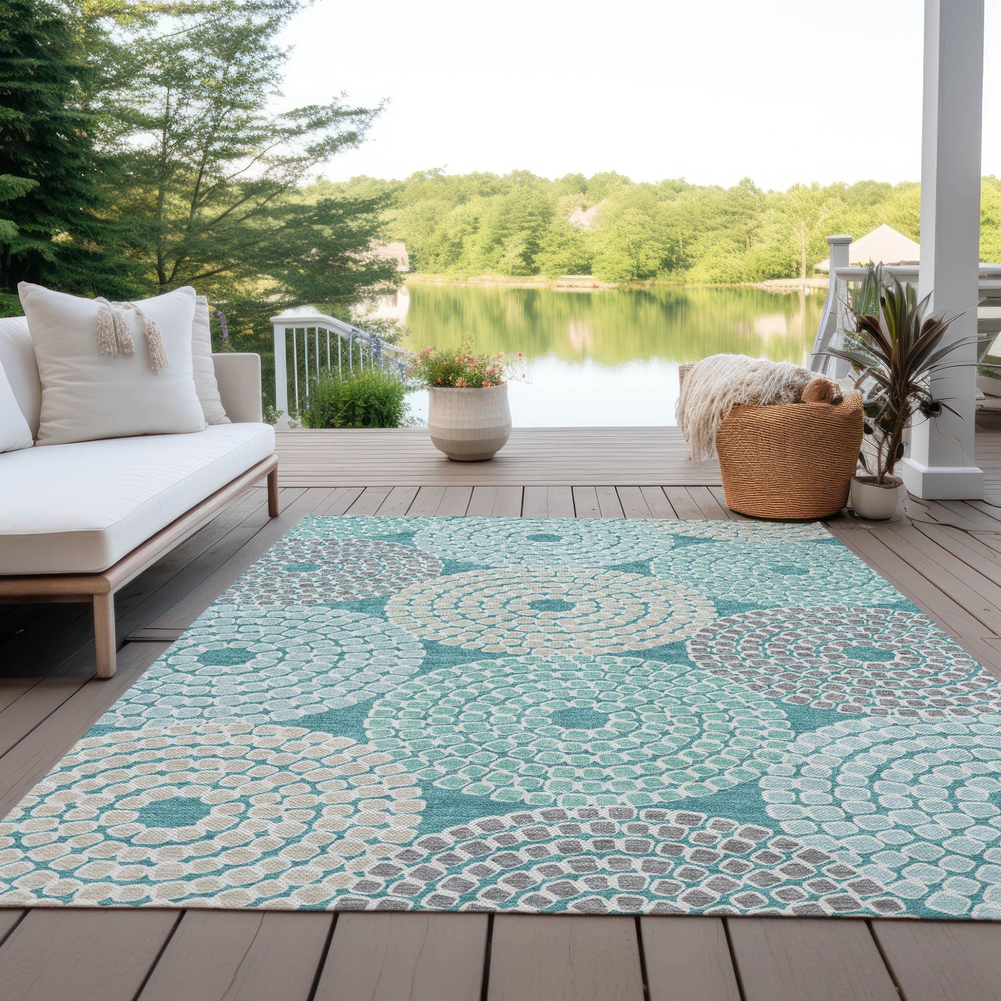 Tabselect Home Line 8' X 10' Teal Blue Beige And Gray Geometric Washable Indoor Outdoor Area Rug